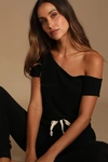 Lulus Relaxing Weekend Black Off-the-shoulder Lounge Jumpsuit In Black