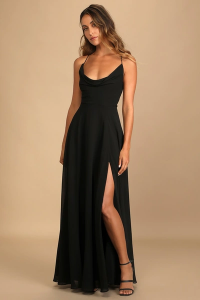 Lulus Romantically Speaking Black Cowl Lace-up Maxi Dress
