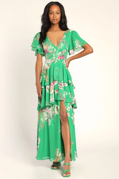 Lulus Midnight Mood Green Floral Print Tiered Maxi Dress