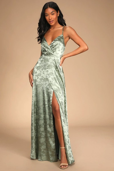 Lulus Forever Exquisite Sage Green Satin Surplice Maxi Dress