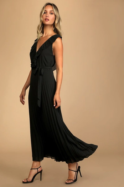 Lulus Loved By You Black Pleated Chiffon Maxi Dress