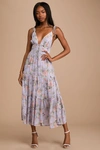 LULUS EVERLASTING SIGHT LAVENDER FLORAL PRINT TIE-STRAP MIDI DRESS