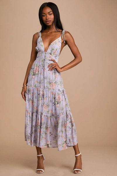 Lulus Everlasting Sight Lavender Floral Print Tie-strap Midi Dress In Purple