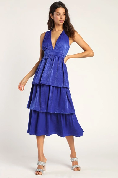 Lulus Peak Party Vibe Cobalt Blue Satin Tiered Tie-back Midi Dress