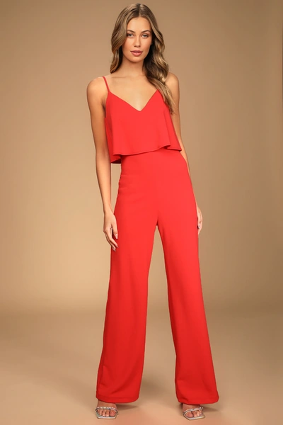 Lulus Make It A Date Coral Red Sleeveless Wide-leg Jumpsuit