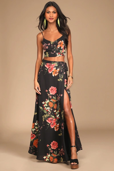 Lulus Bloom With A View Black Floral Print Two-piece Maxi Dress