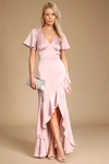 Lulus Eternal Bond Blush Satin Ruffled Flutter Sleeve Maxi Dress In Pink