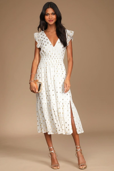 Lulus Cause To Celebrate White And Gold Dot Ruffled Tiered Midi Dress