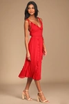 Lulus Never A Dull Moment Bright Red Tie-strap Pleated Midi Dress In Red