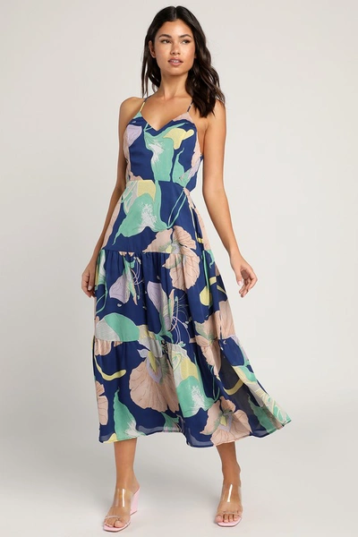 Lulus Hours Of Flowers Blue Multi Floral Lace-up Tiered Midi Dress