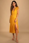 LULUS CAUSE TO CELEBRATE YELLOW AND GOLD DOT RUFFLED TIERED MIDI DRESS