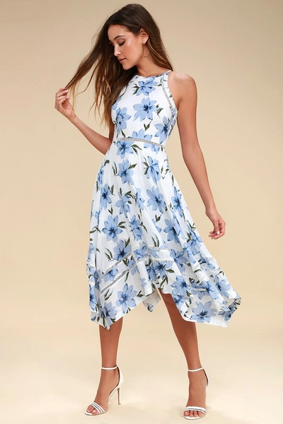Lulus Zahara Blue And White Floral Print Midi Dress