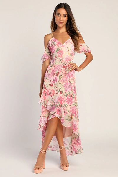 Lulus Watch Me Grow Pink Floral Print Cold-shoulder High-low Dress