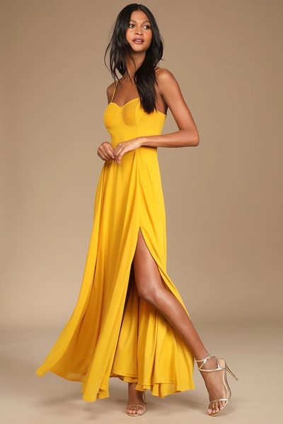 Lulus Cause For Commotion Golden Yellow Pleated Bustier Maxi Dress