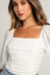 Lulus Think Of Me Ivory Swiss Dot Ruched Bodysuit In Ivory