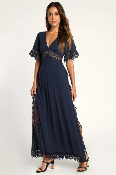 Lulus Sweeten The Occasion Navy Blue Lace Short Sleeve Maxi Dress