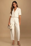 Lulus Posh Company Ivory Pleated High-waisted Trouser Pants In Ivory