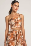 Lulus Something Wild Brown Multi Print Pleated One-shoulder Crop Top In Brown
