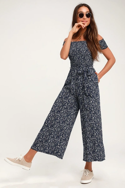 Lulus Behold Navy Blue Floral Print Off-the-shoulder Jumpsuit