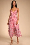 Lulus Feeling Like Forever Rose Jacquard Organza Lace-up Midi Dress In Pink