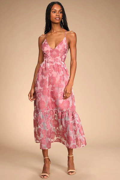 Lulus Feeling Like Forever Rose Jacquard Organza Lace-up Midi Dress In Pink