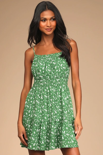 Lulus Tender Thoughts Green Floral Ruffled Tiered Mini Dress