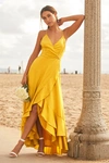 Lulus In Love Forever Mustard Yellow Satin Lace-up High-low Maxi Dress In Mustard Yellow