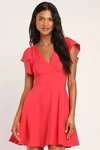Lulus Sweeten Me Up Red Flutter Sleeve Mini Dress With Pockets In Red