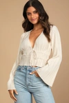 Lulus Staying Optimistic Champagne Pleated Bell Sleeve Top In Champagne