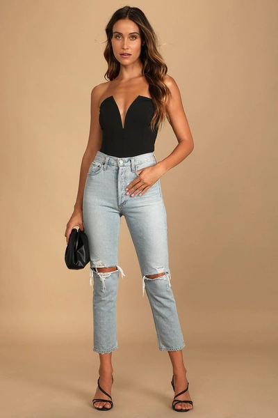 Lulus Babe Alert Black Notched Strapless Bodysuit