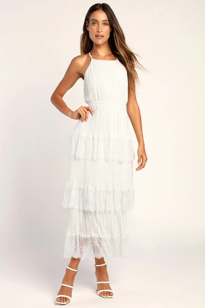 Lulus Came For Cocktails White Pleated Tiered Lace Maxi Dress