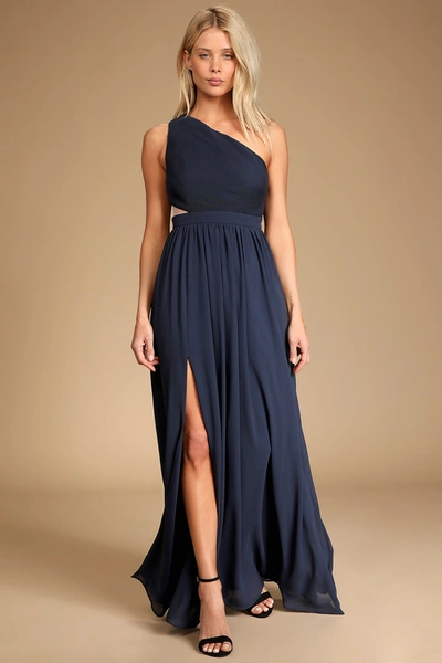 Lulus Lovely Endings Navy Blue One-shoulder Pleated Maxi Dress
