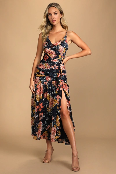 Lulus Stunning Soiree Navy Blue Floral Print Ruched Midi Dress