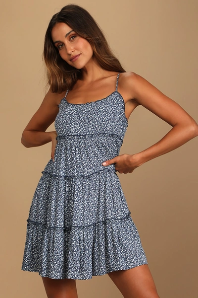 Lulus Sitting In The Sun Navy Blue Floral Print Ruffled Babydoll Dress