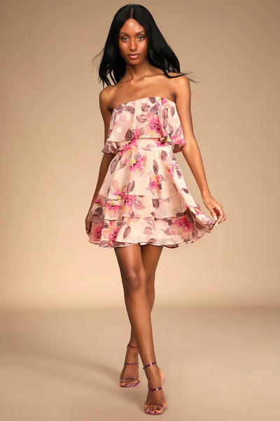 Lulus Perfect Paradise Pink Floral Print Jacquard Strapless Mini Dress