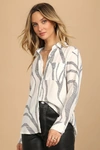 Lulus Abstract Artist Black And White Print Long Sleeve Button-up Top In Black And White