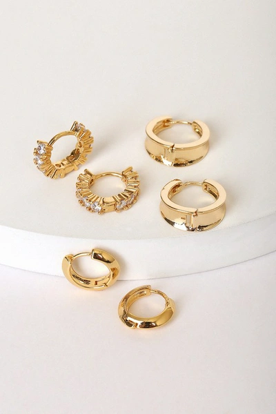 Lulus Staying Chic 14kt Gold Rhinestone Mini Hoop Earring Set