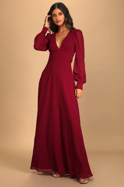 Lulus Talk About Divine Burgundy Long Sleeve Backless Maxi Dress