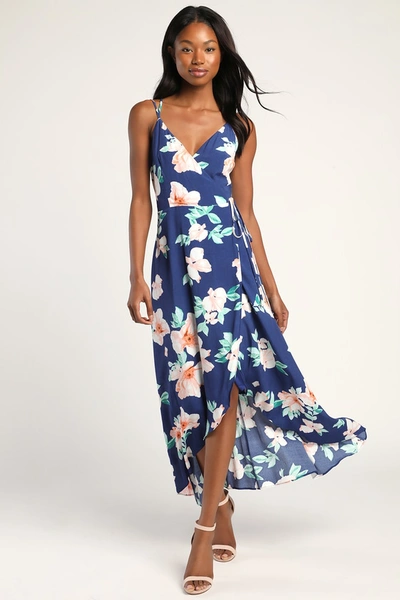 Lulus Blooming Bright Blue Floral Print High-low Wrap Midi Dress
