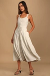 Lulus See The City Beige Button-front Tiered Midi Dress In Beige