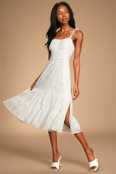 Lulus Sweet Sentiments White Jacquard Tiered Midi Dress
