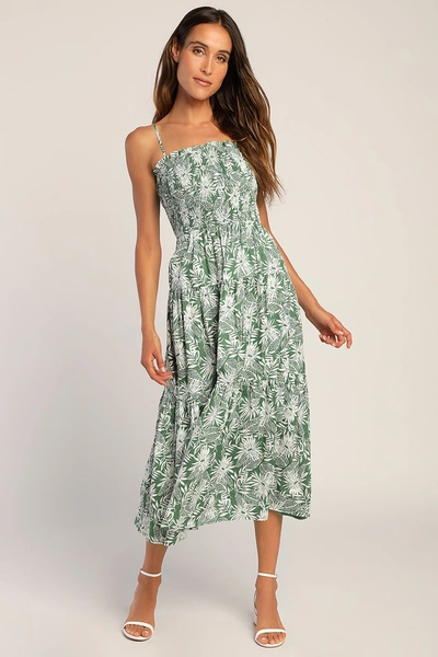 Lulus Find Me In The Tropics Green Leaf Print Smocked Midi Dress