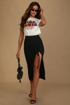 Lulus Simply Trendy Black Ribbed Ruched Drawstring Midi Skirt In Black