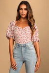 Lulus Beautiful Hues Ivory Floral Print Puff Sleeve Ruched Bodysuit In Ivory