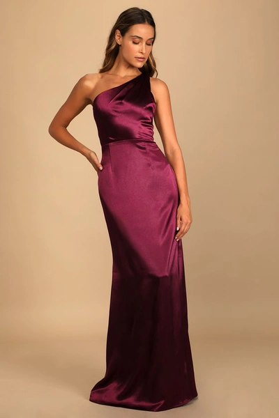 Lulus On The Guest List Burgundy Satin One-shoulder Maxi Dress