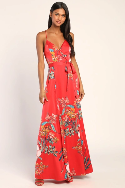 Lulus Still The One Red Floral Print Satin Maxi Dress