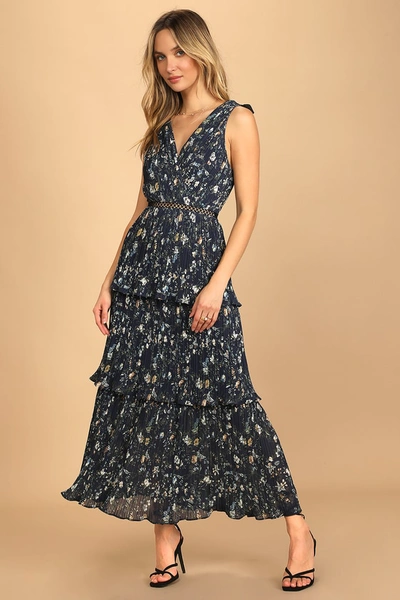 Lulus Such Sophistication Navy Blue Floral Print Pleated Maxi Dress