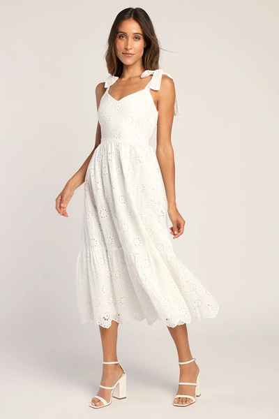 Lulus Perfect Vacation White Eyelet Embroidery Tie-strap Midi Dress