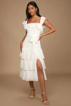 Lulus Dear To My Heart White Swiss Dot Tiered Ruffled Midi Dress In White