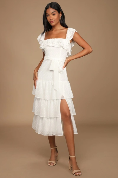 Lulus Dear To My Heart White Swiss Dot Tiered Ruffled Midi Dress